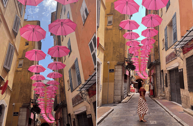 Grasse ombrelli rosa borgo medievale