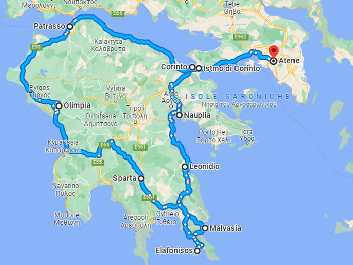 Travel plan percorso on the road Peloponneso